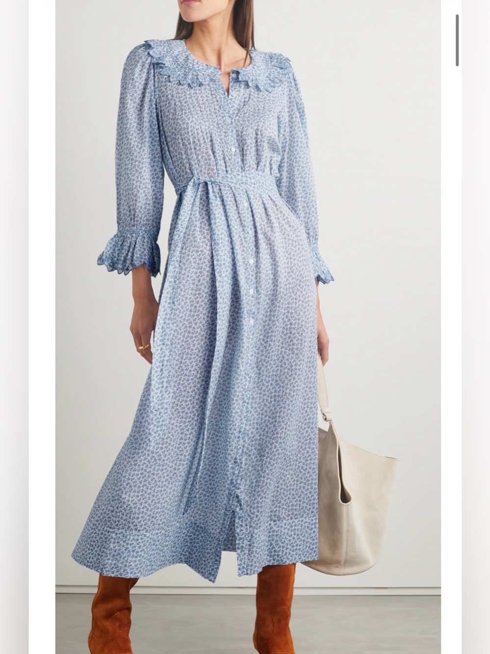 DÔEN Blue Printed Ruffle Collar Maxi Dress